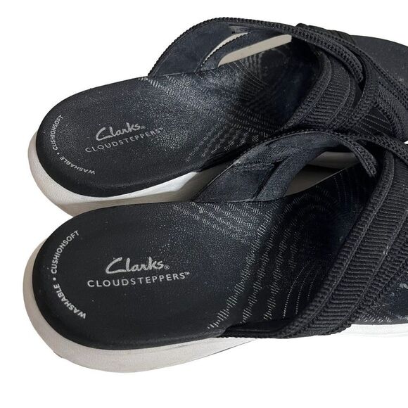 CLARKS Sandals Mira Isle Slide Black White Cloudsteppers Textile Upper Size 10 - Picture 4 of 9